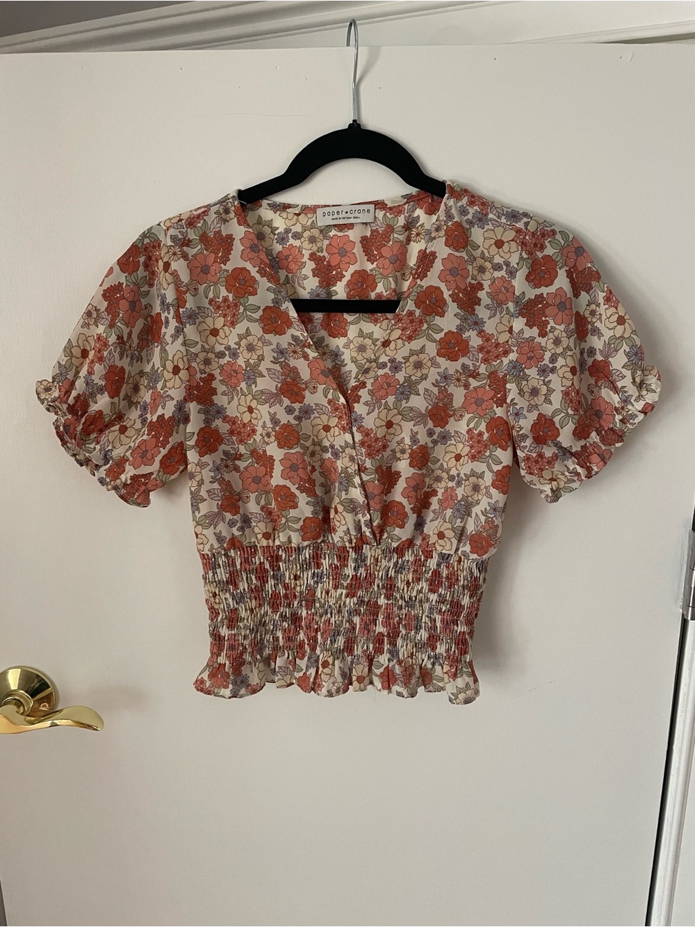 Paper Crane Rust and Cream Floral Smocked Puff Sleeve Blouse